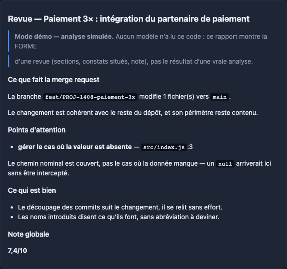A Mergerie review report: score, findings pointing at files and lines, pending comments